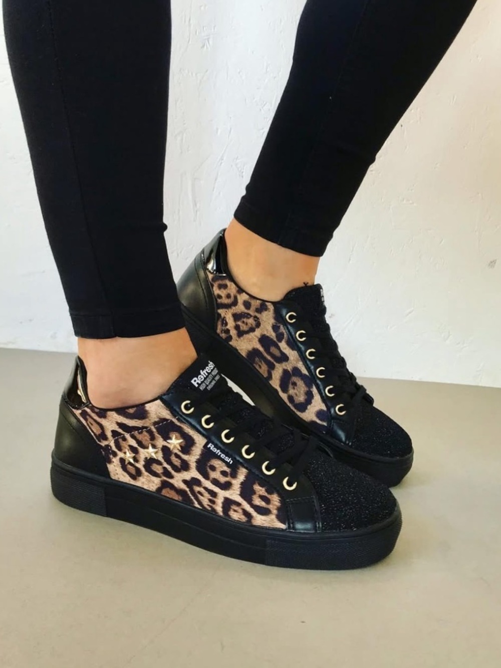 Refresh Leopard Print Platform Sneakers - Black